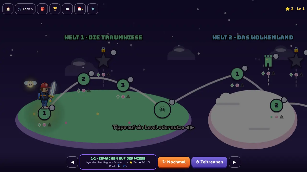 The world map with islands, level dots, bonus star and tower